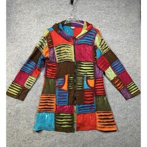 Greater Good Womens Boho Colorblock Long Hooded Jacket L XL Patchwork Artsy